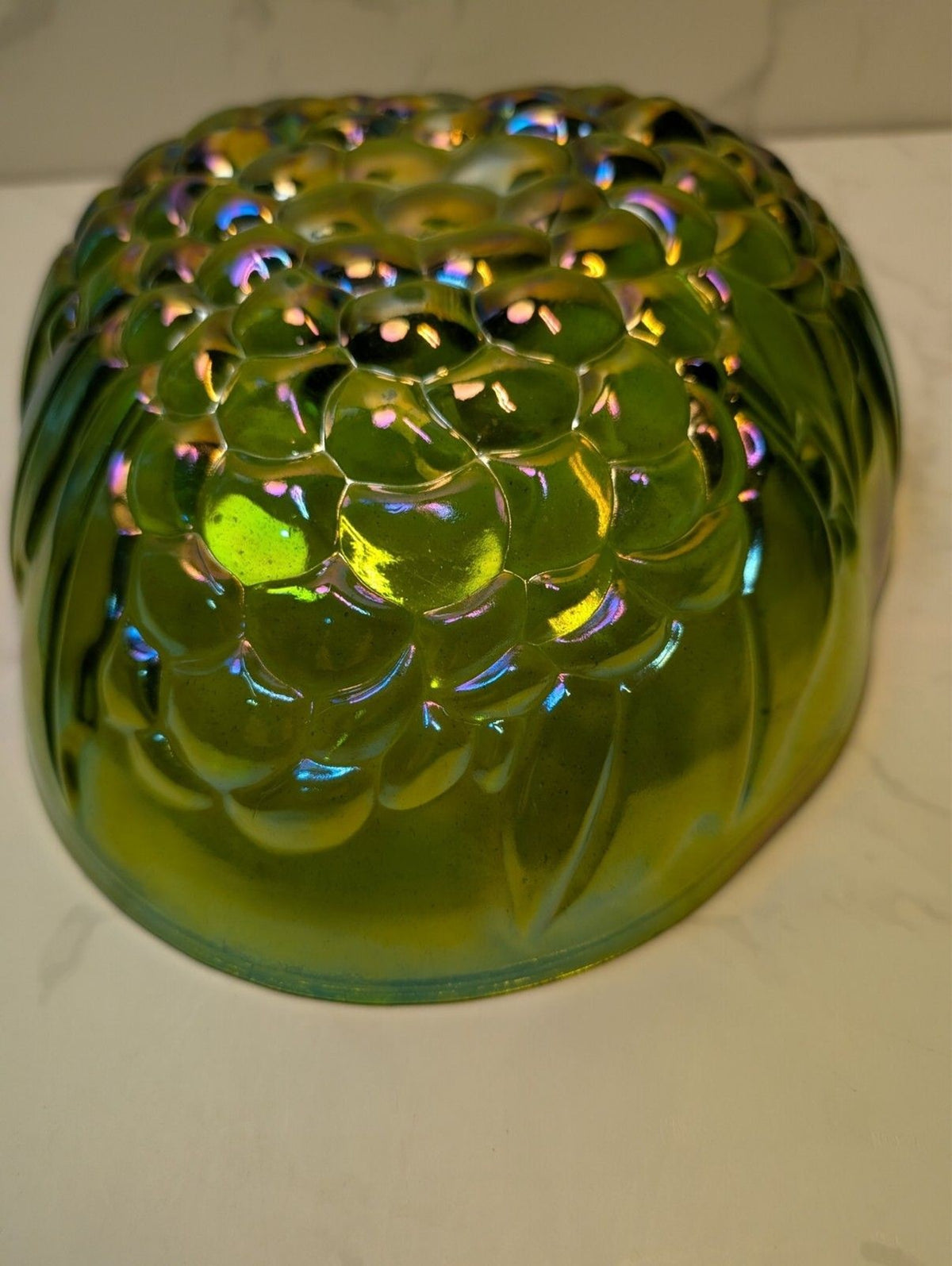 Indiana Glass Harvest Grape Olive Green Carnival Glass Leaf Candy Dish Bowl