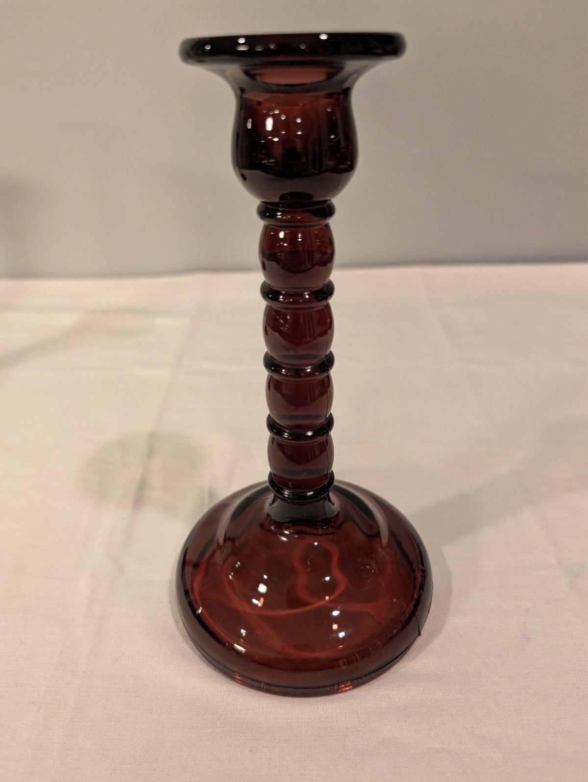 Vintage Amethyst Glass Candlesticks — 8" Taper Holders — Stacked Ball Stem  Pair