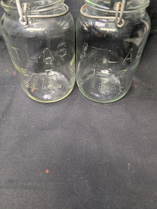 Atlas E-Z Seal Quart Canning Jars Wire Bail Glass Lids Vintage Lot of 2