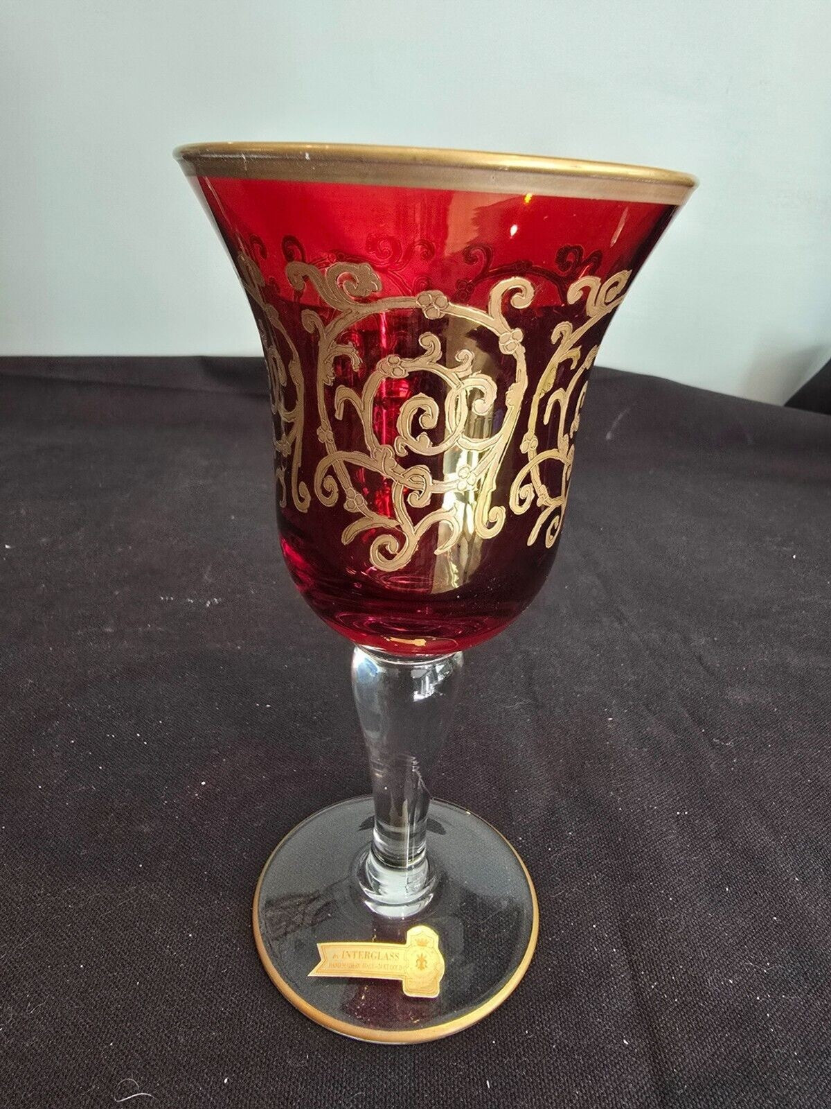 SET of 2 Interglass Italy Red & Hand Painted 24K Gold Water/Wine Glasses