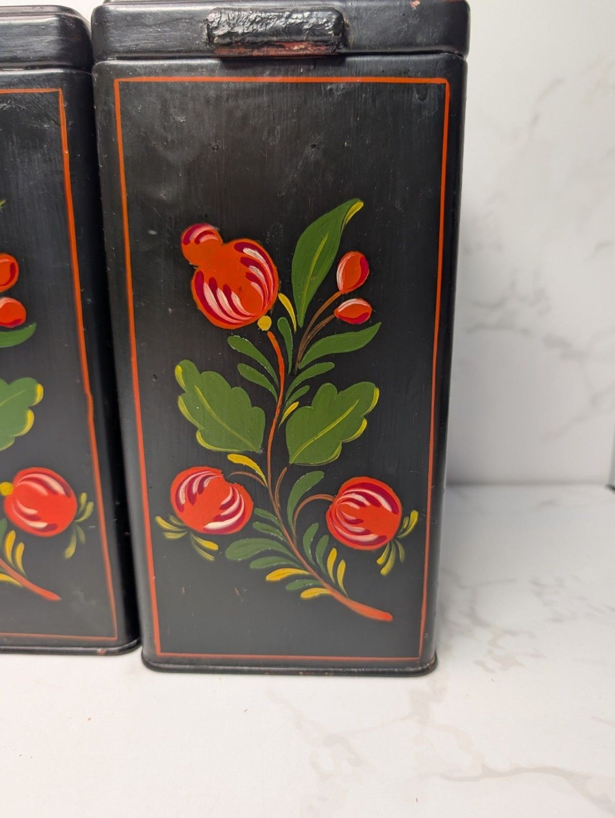 Vintage Ransburg Hand Painted Hinged Lid Metal Canister Set 4 Pc Black Floral