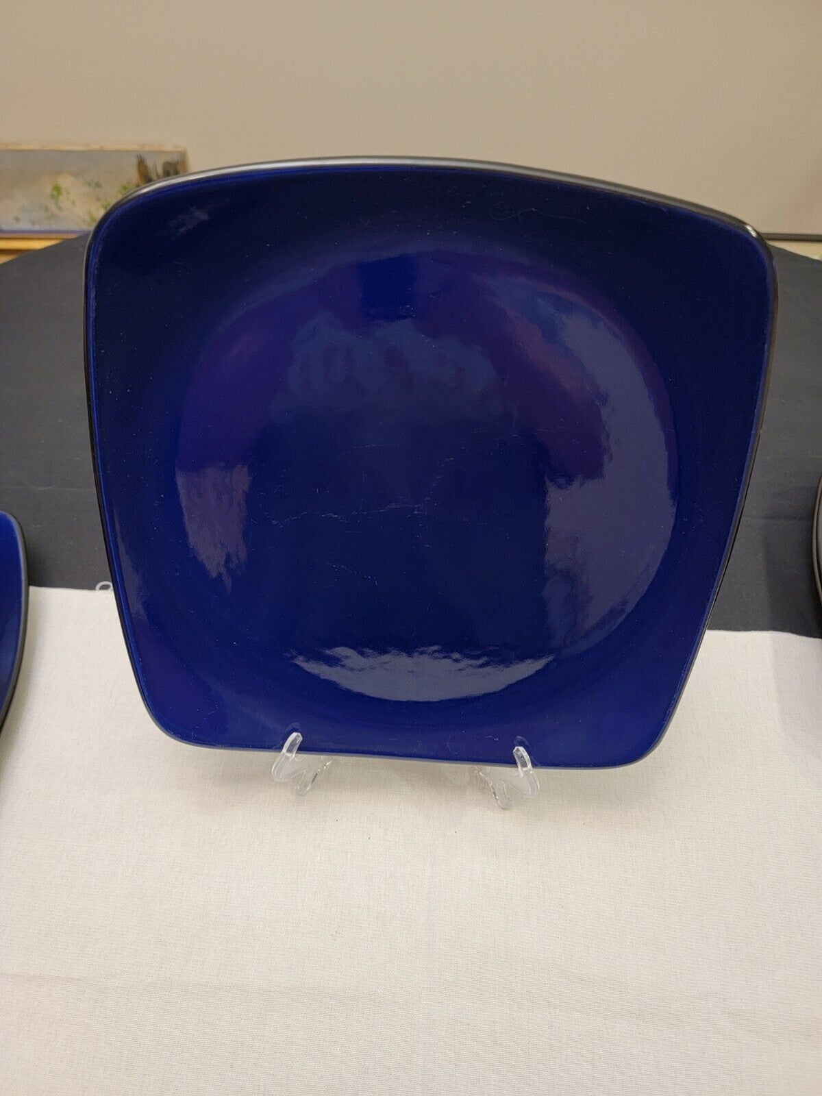 4 CORELLE HEARTHSTONE Stoneware Dinner Plates Cobalt Blue Black Square
