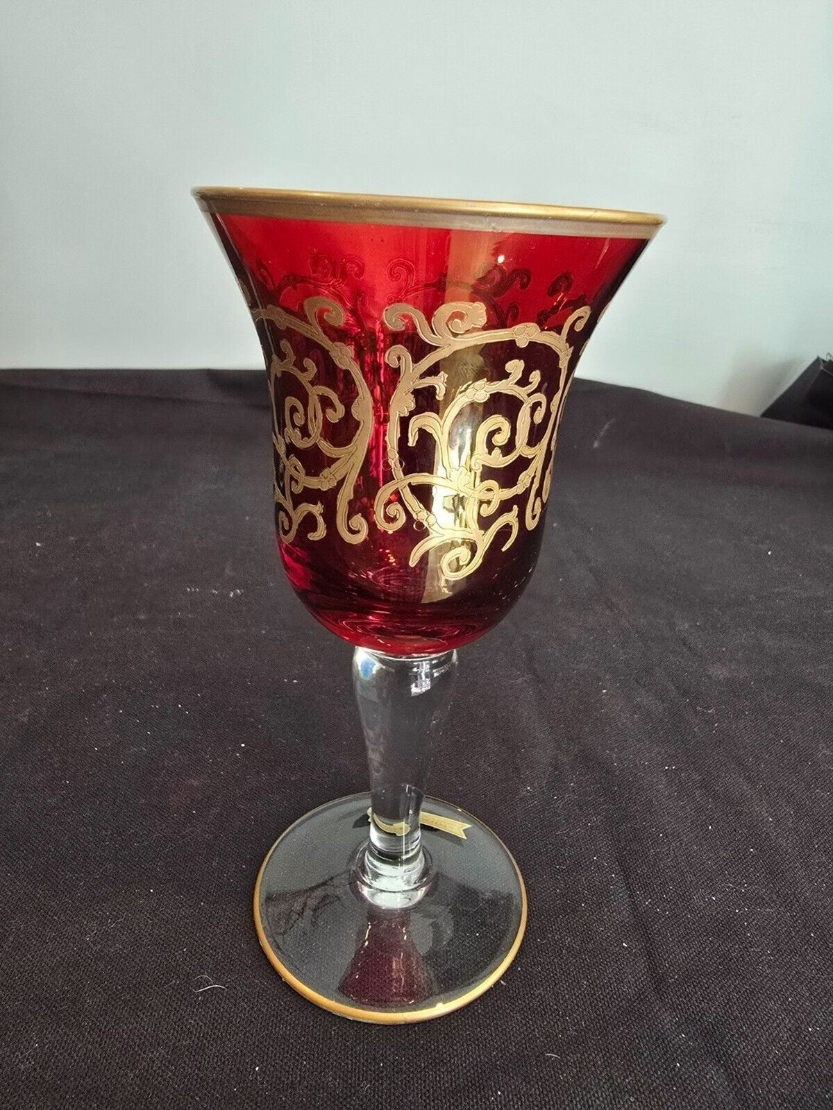 SET of 2 Interglass Italy Red & Hand Painted 24K Gold Water/Wine Glasses