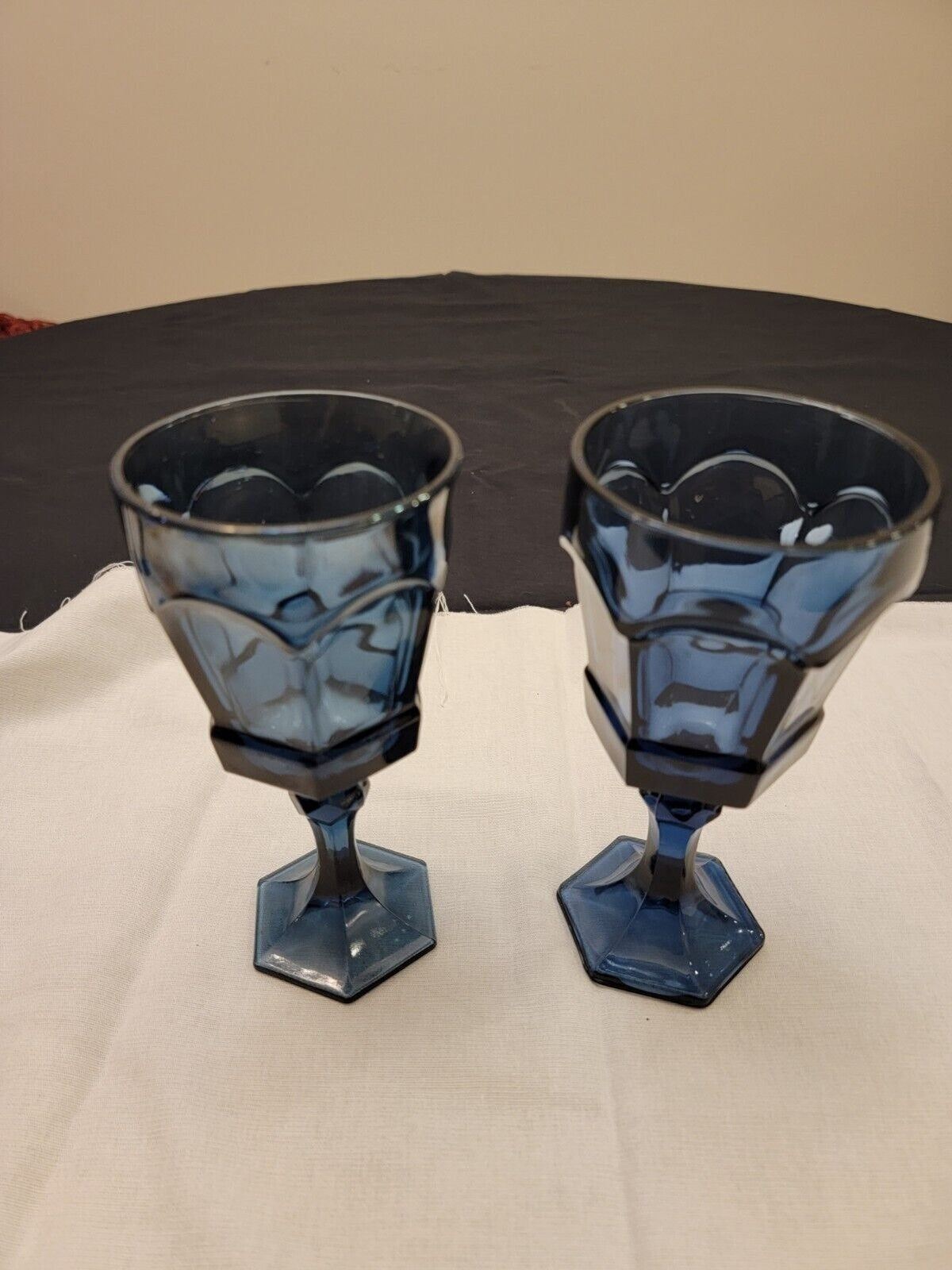 Set of (2) Vintage Fostoria Virginia Dark Blue Wine/Water Goblets - 7.25"