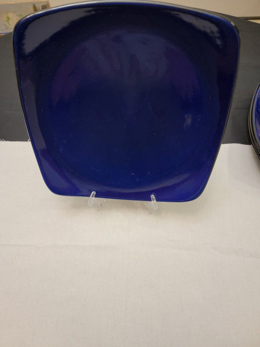 4 CORELLE HEARTHSTONE Stoneware Dinner Plates Cobalt Blue Black Square