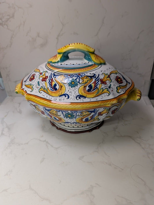 Mod Deruta Italian Majolica Covered Tureen Griffins Hand Painted 12"