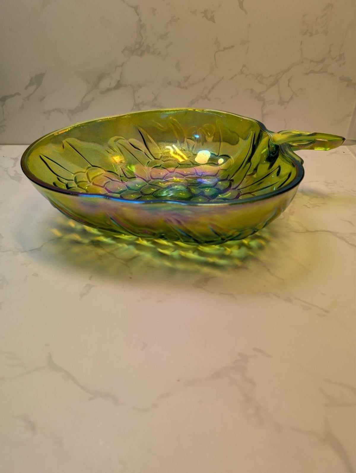 Indiana Glass Harvest Grape Olive Green Carnival Glass Leaf Candy Dish Bowl