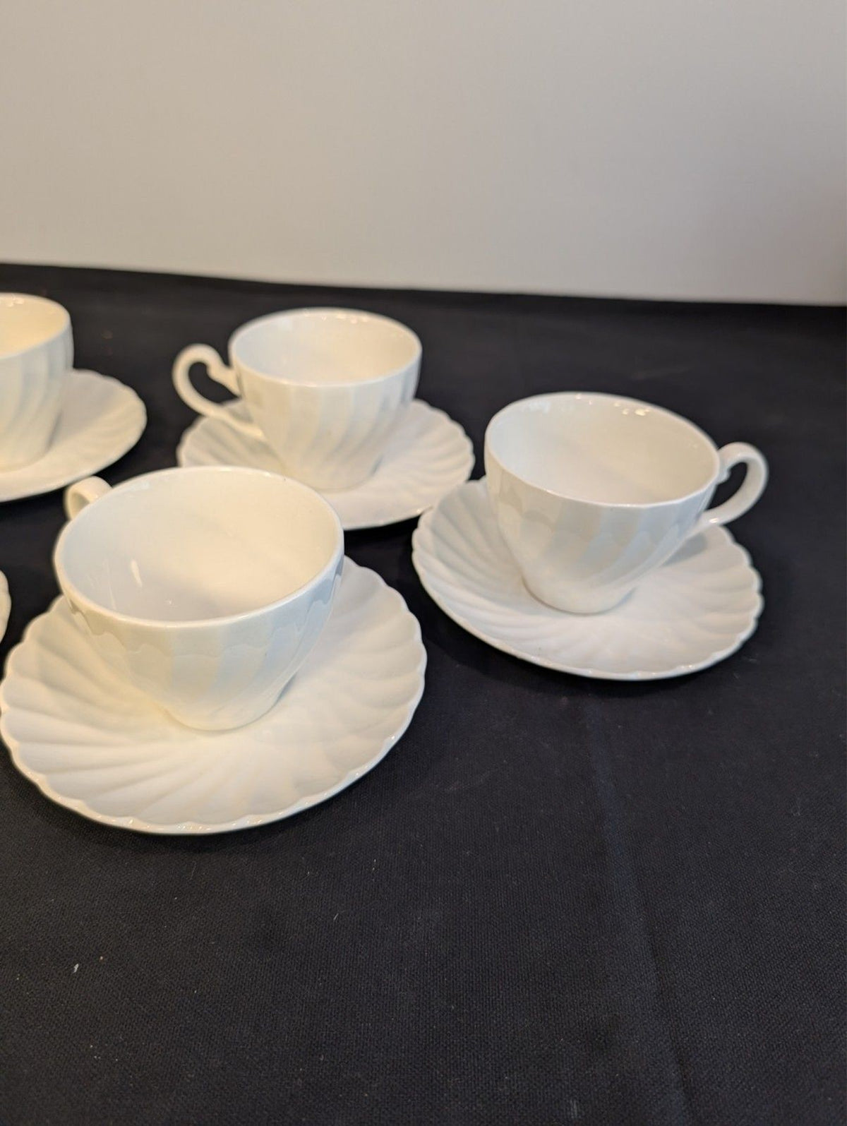 Johnson Brothers White Ironstone Teacups & Saucers Set of 6 Swirl Fluted England