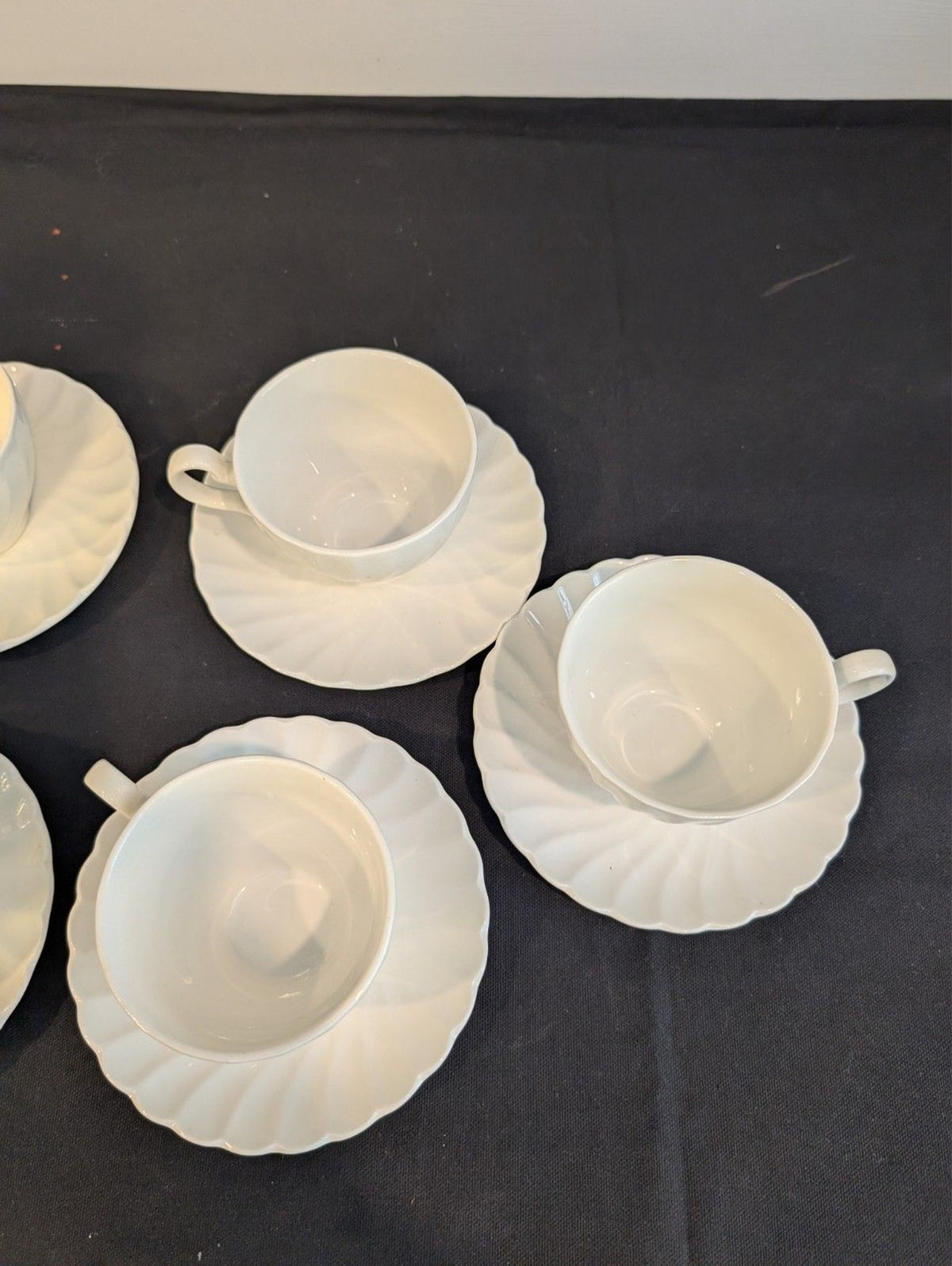 Johnson Brothers White Ironstone Teacups & Saucers Set of 6 Swirl Fluted England