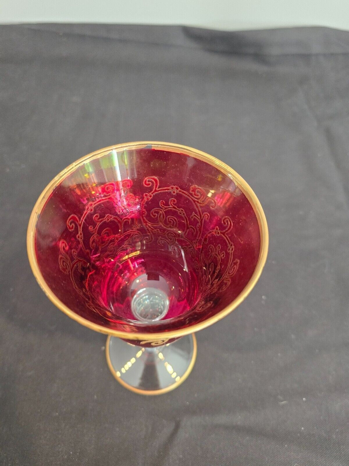 SET of 2 Interglass Italy Red & Hand Painted 24K Gold Water/Wine Glasses