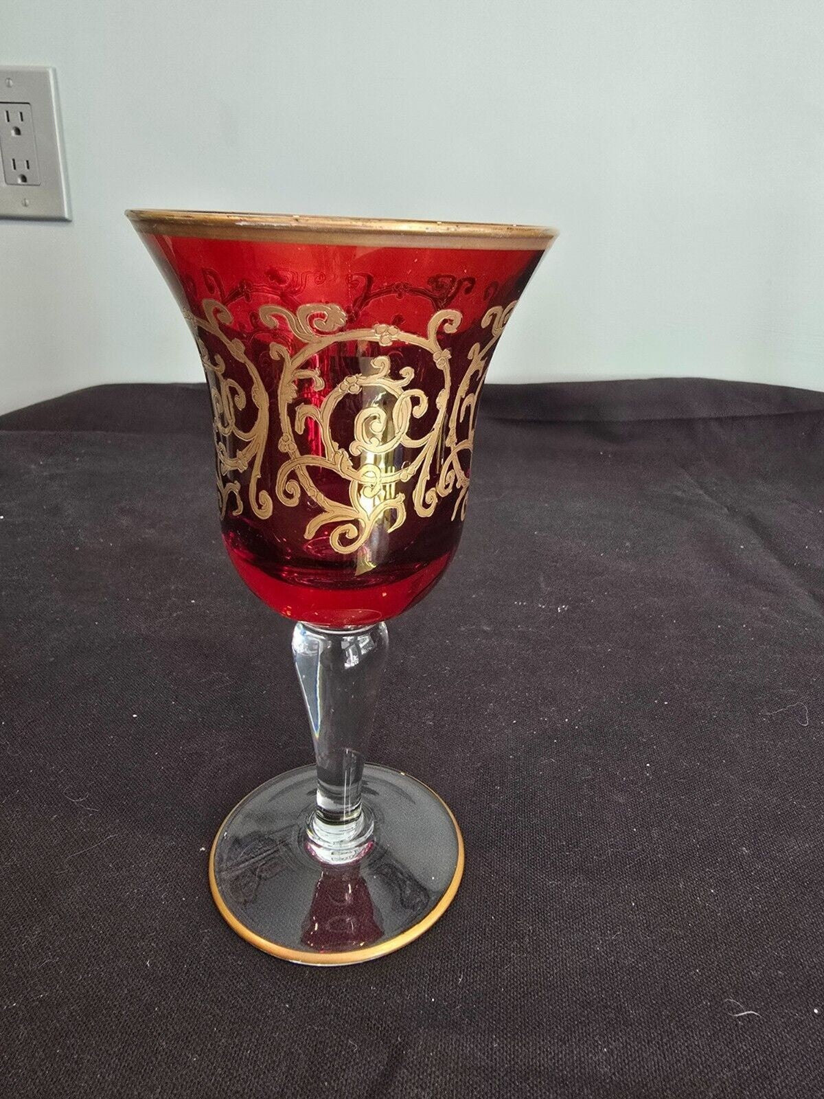 SET of 2 Interglass Italy Red & Hand Painted 24K Gold Water/Wine Glasses