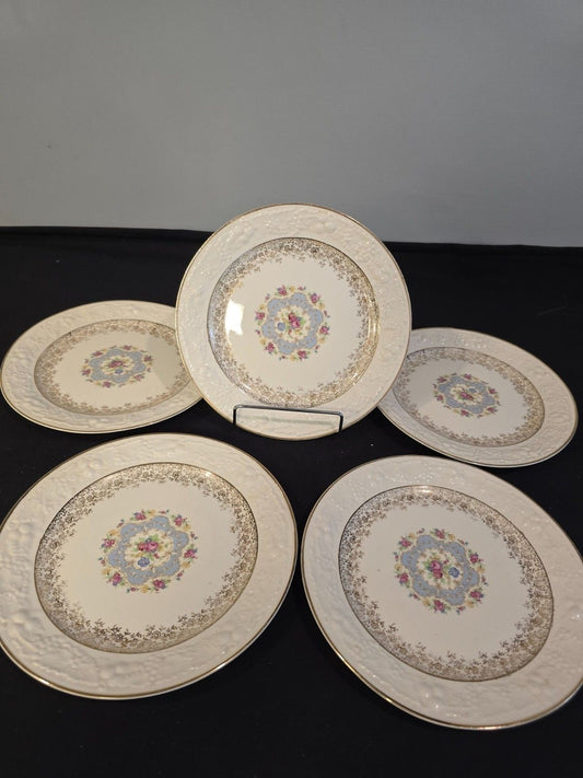 4 Homer Laughlin Theme D6195 Dinner Plates  Eggshell Embossed Gold Floral 1956