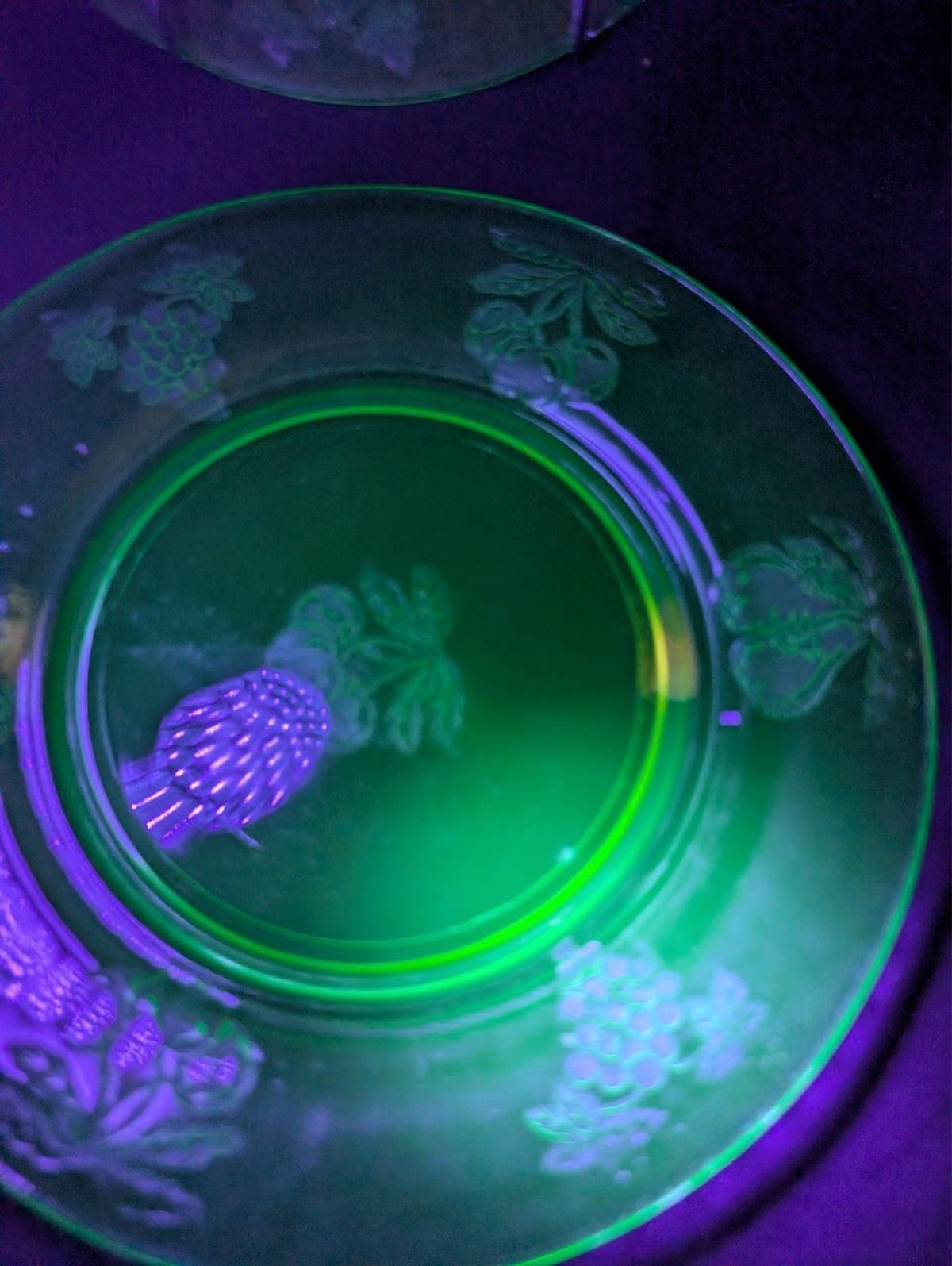 Set 2 Hazel Atlas Fruits Uranium Green Depression Glass Salad Plates 8 Inch