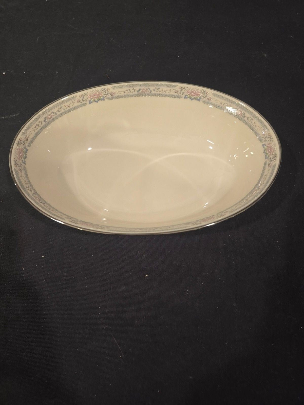 Lenox Charleston 9.5" Oval Vegetable Serving Bowl Gray/Pink Floral Rim New