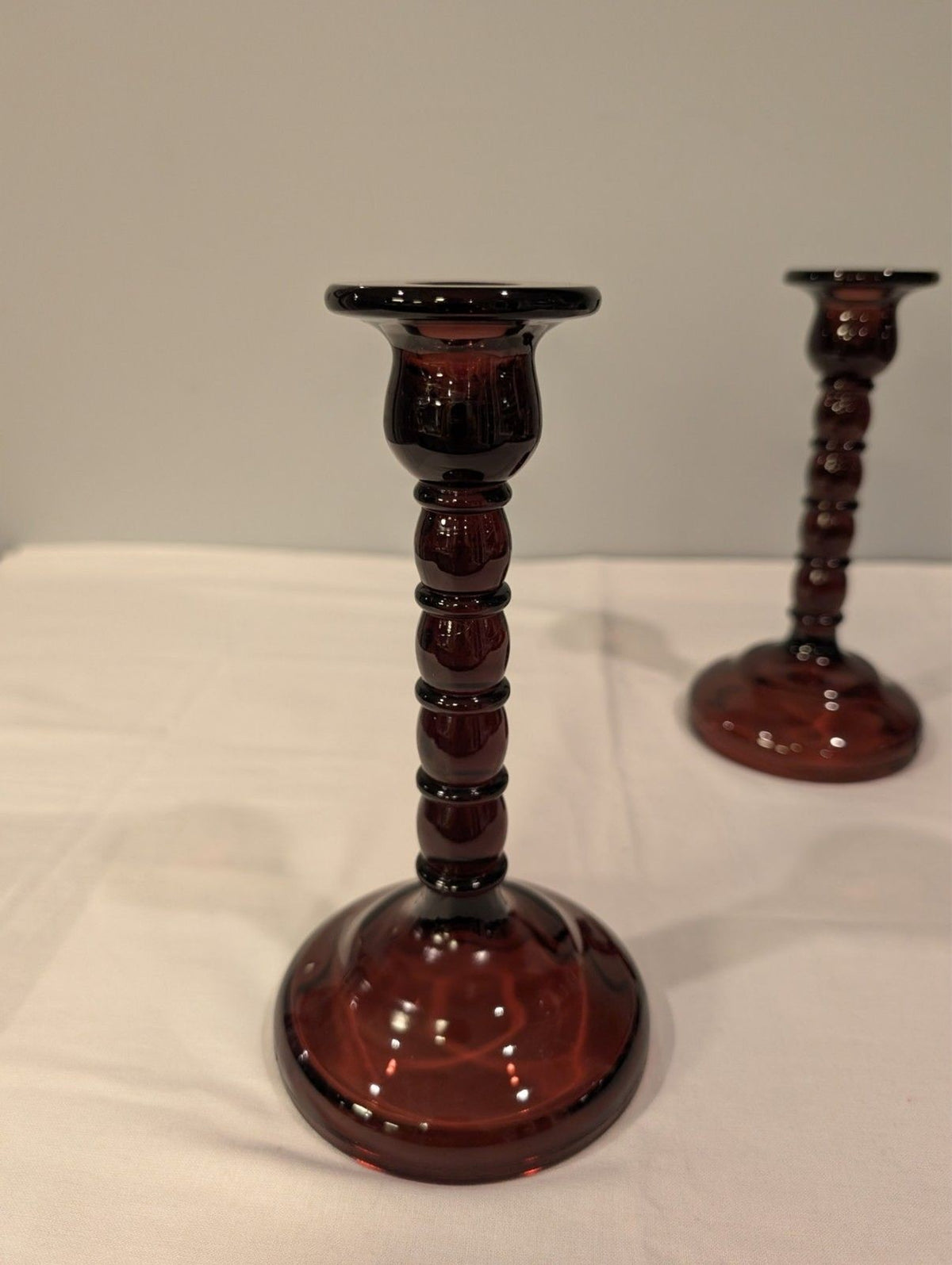 Vintage Amethyst Glass Candlesticks — 8" Taper Holders — Stacked Ball Stem  Pair