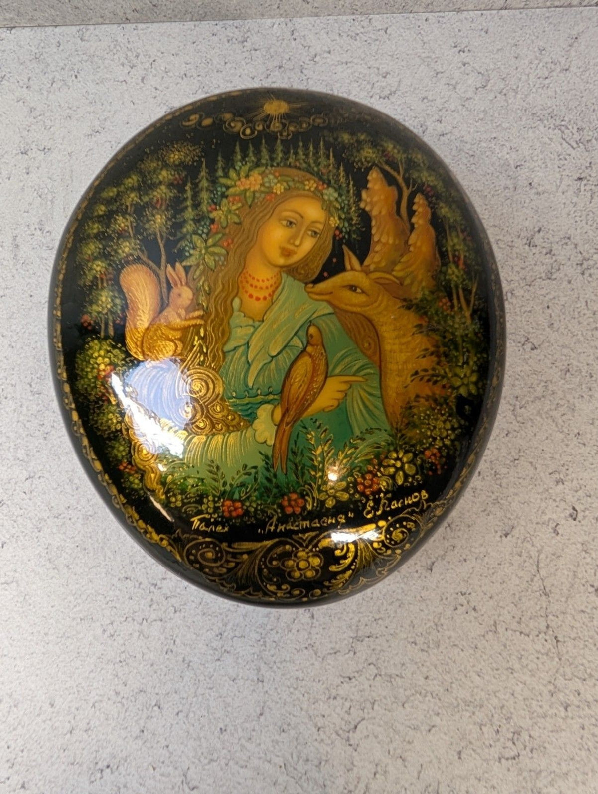 Signed Palekh Russian Lacquer Box – “Anastasia” Forest Maiden Scene Hand-Painted