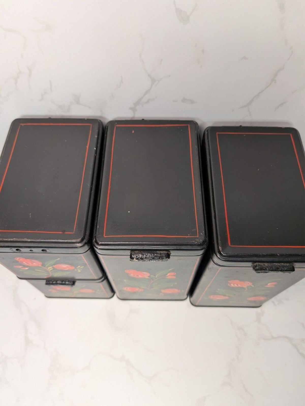 Vintage Ransburg Hand Painted Hinged Lid Metal Canister Set 4 Pc Black Floral