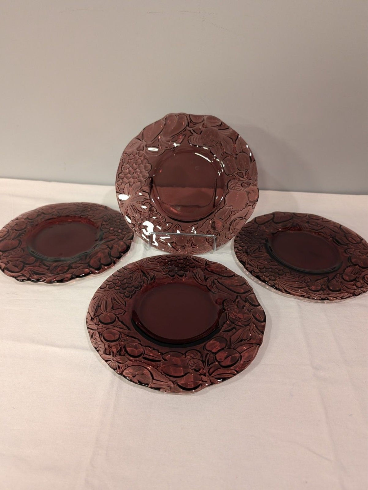Italian Intaglio Amethyst Salad Plates — Vintage 1970s Pressed Glass — Set of 4