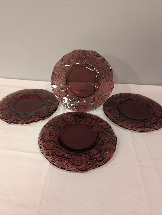 Italian Intaglio Amethyst Salad Plates — Vintage 1970s Pressed Glass — Set of 4