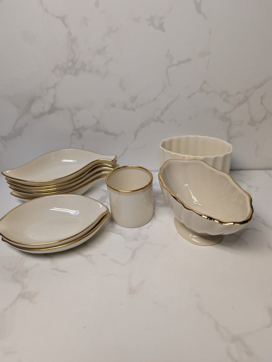 Lenox Ivory Gold Trim Lot Leaf Dishes Vase Bowl Planter Set