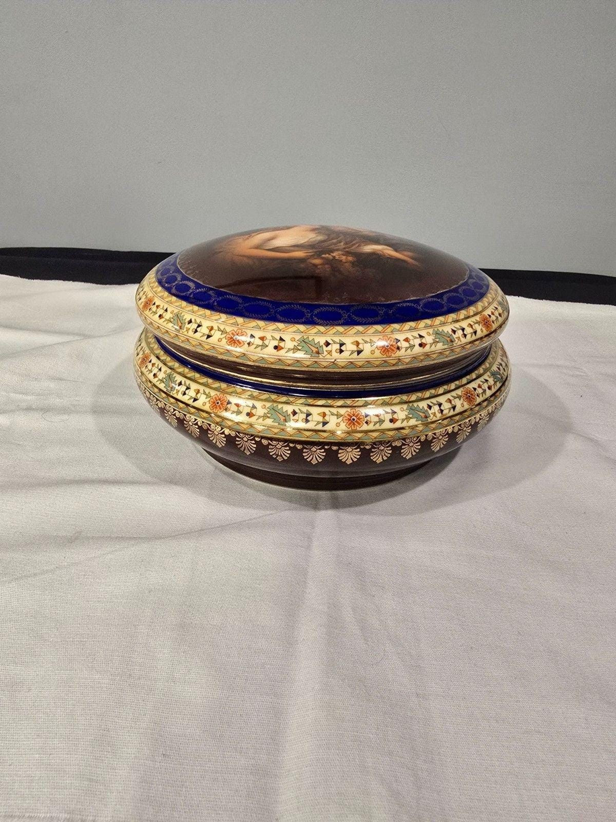 Vintage Carlsbad Fine Porcelain Dresser Box  Romantic Couple, Cobalt & Gilt