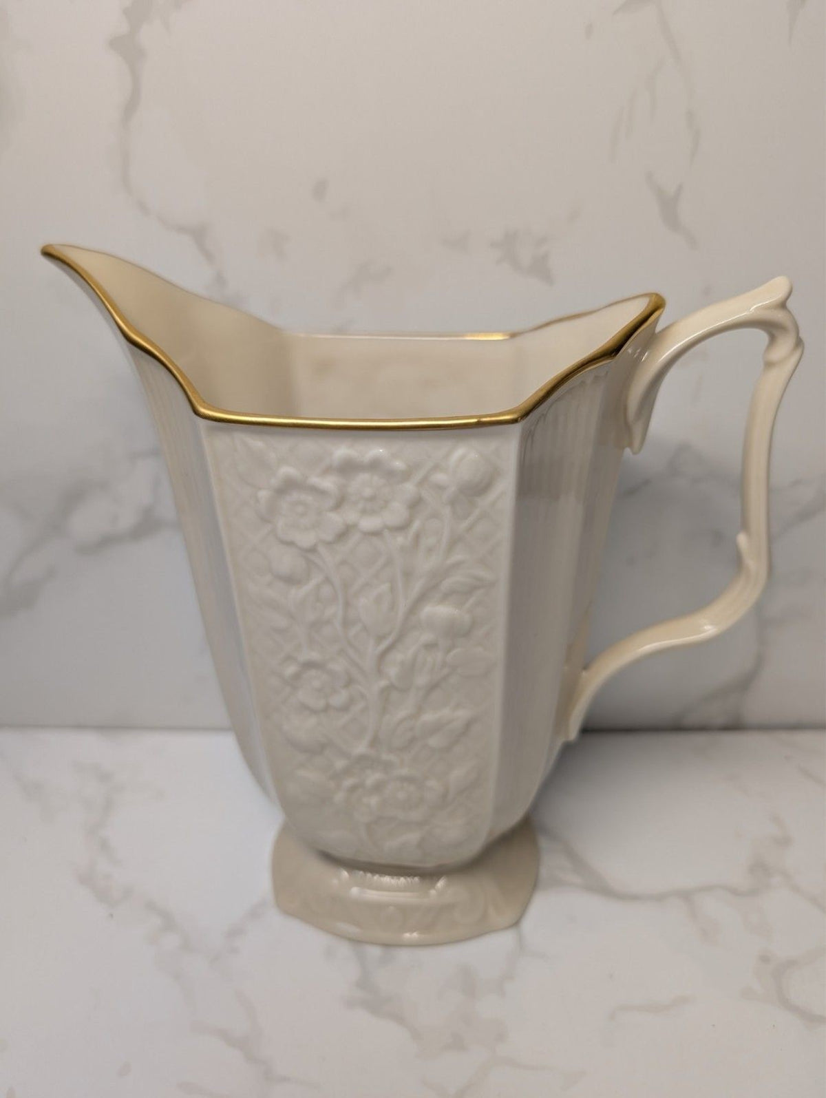 Lenox Ivory Gold Trim Small Pitcher 24 Oz USA Embossed Leaf Pattern