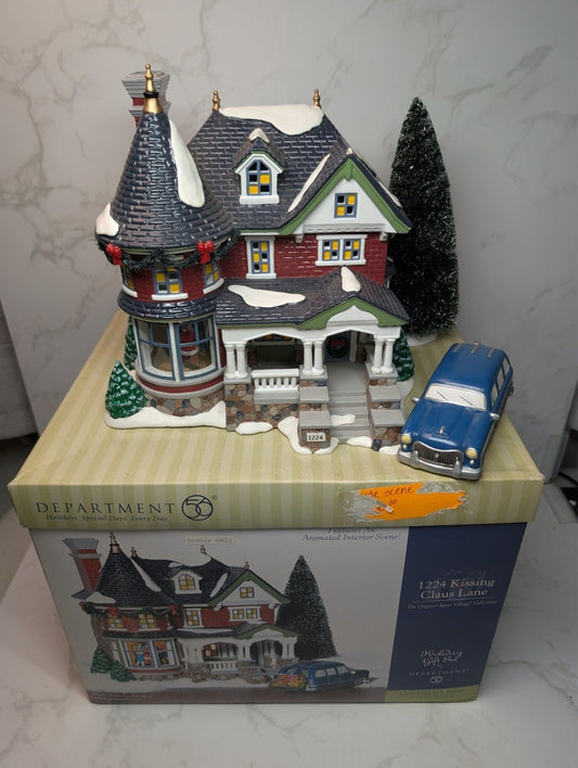 Department 56 1224 Kissing Claus Lane Animated Gift Set w/ Box Car