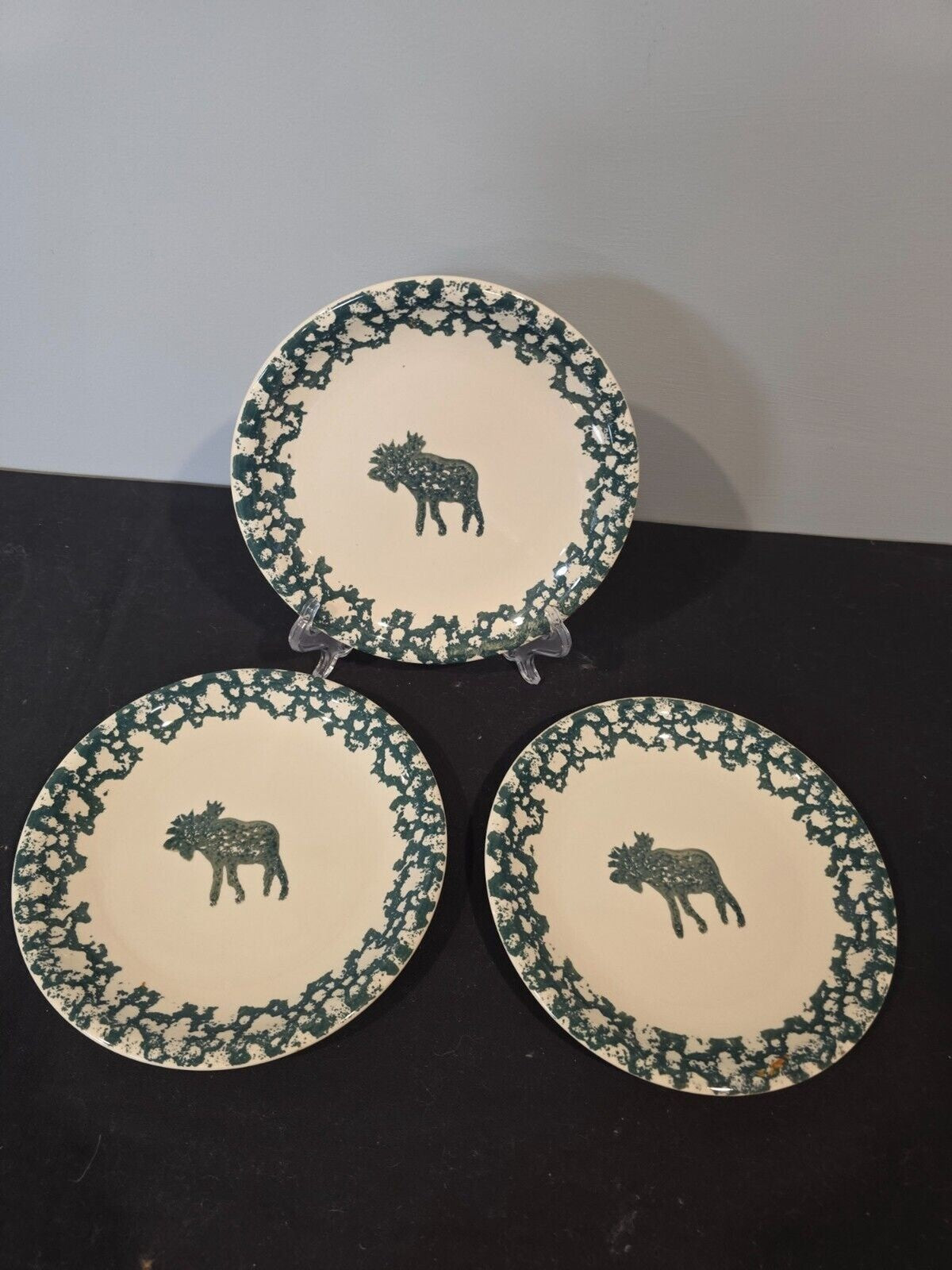3 Tienshan Folk Craft Moose Country 7 3/4" Salad Plates Forest Green StoneWare