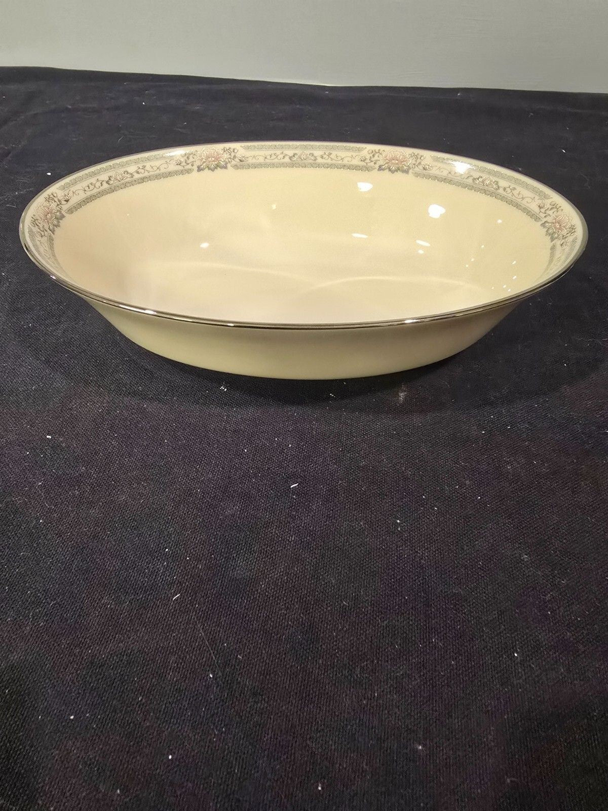 Lenox Charleston 9.5" Oval Vegetable Serving Bowl Gray/Pink Floral Rim New