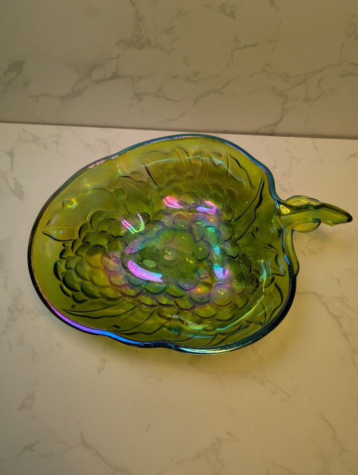 Indiana Glass Harvest Grape Olive Green Carnival Glass Leaf Candy Dish Bowl