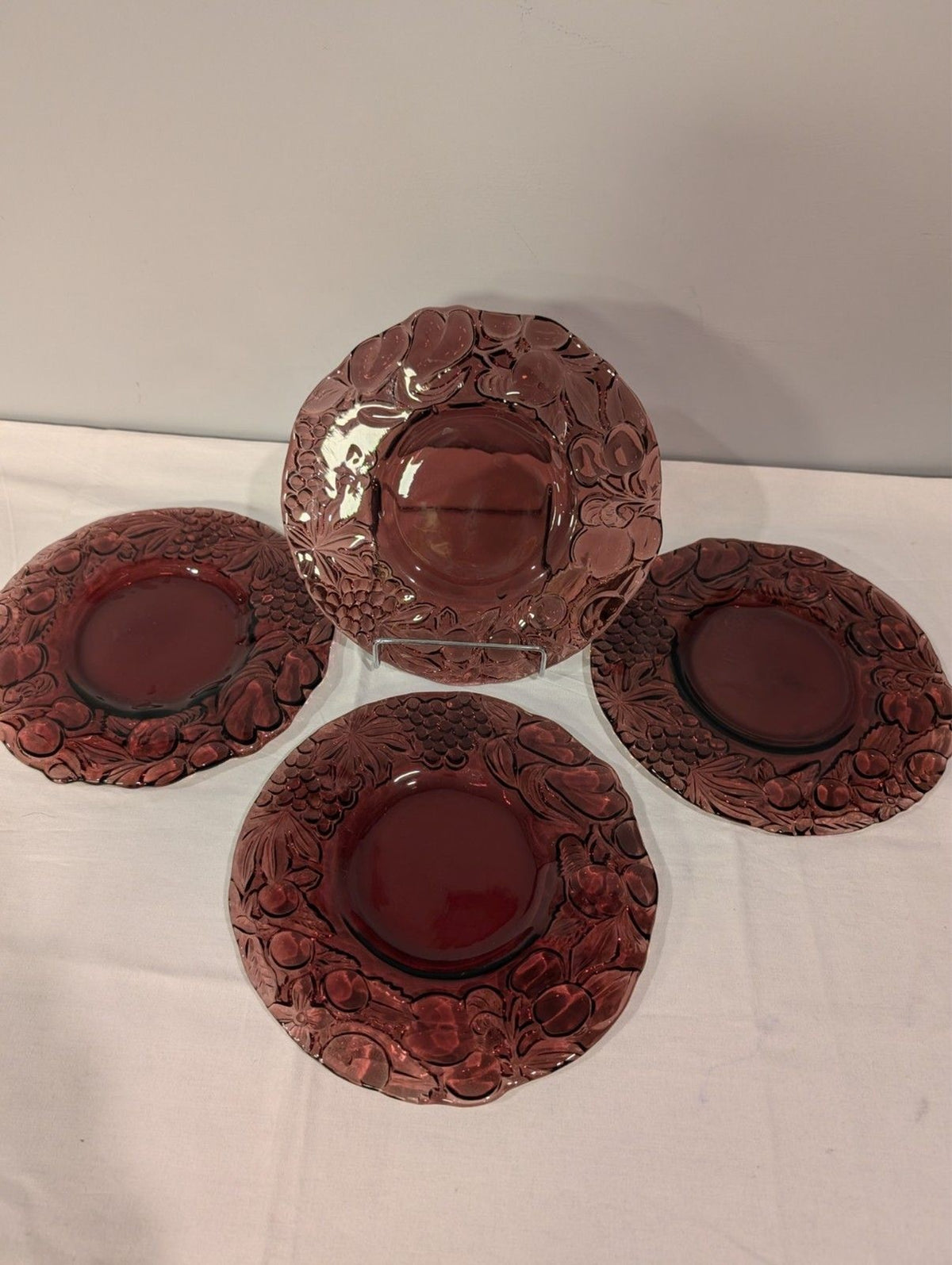 Italian Intaglio Amethyst Salad Plates — Vintage 1970s Pressed Glass — Set of 4
