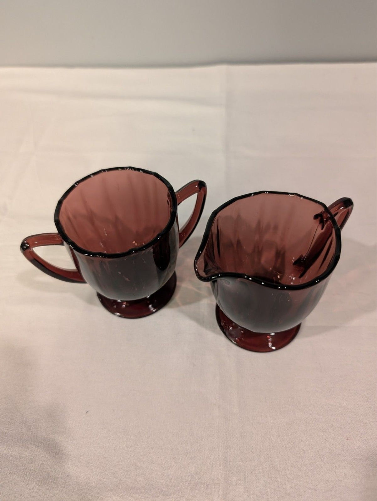 Vintage Amethyst Glass Sugar & Creamer Set — Scalloped Rim — Pedestal Base — MCM
