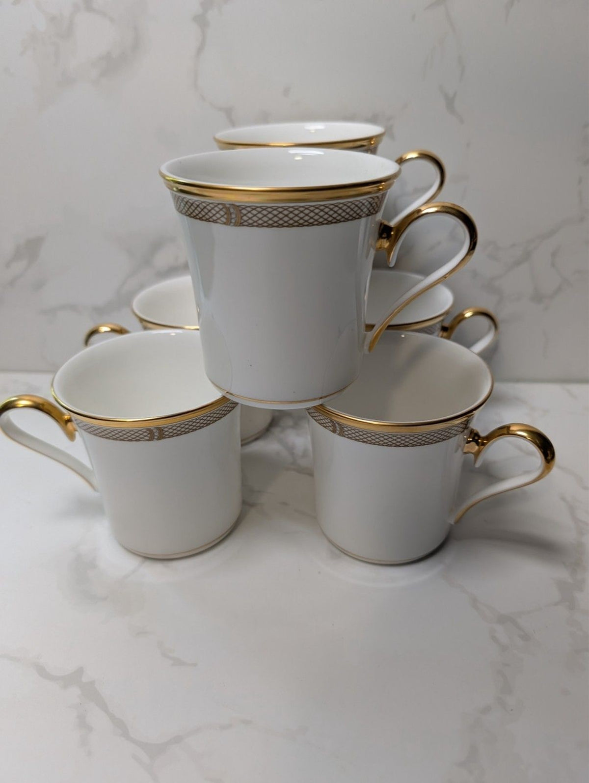 Lenox Eternal White Dimension II Set of 6 Mugs Gold Trim USA Made