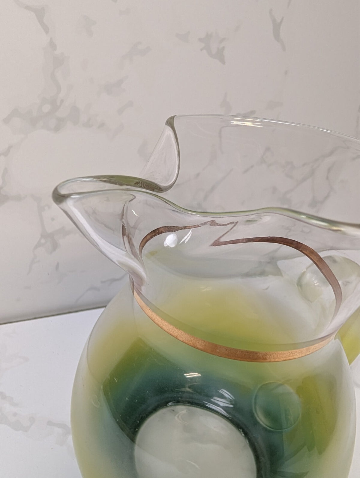 Vintage Blendo Green Yellow Ombre Pitcher & 4 Tumblers Gold Trim MCM Glass