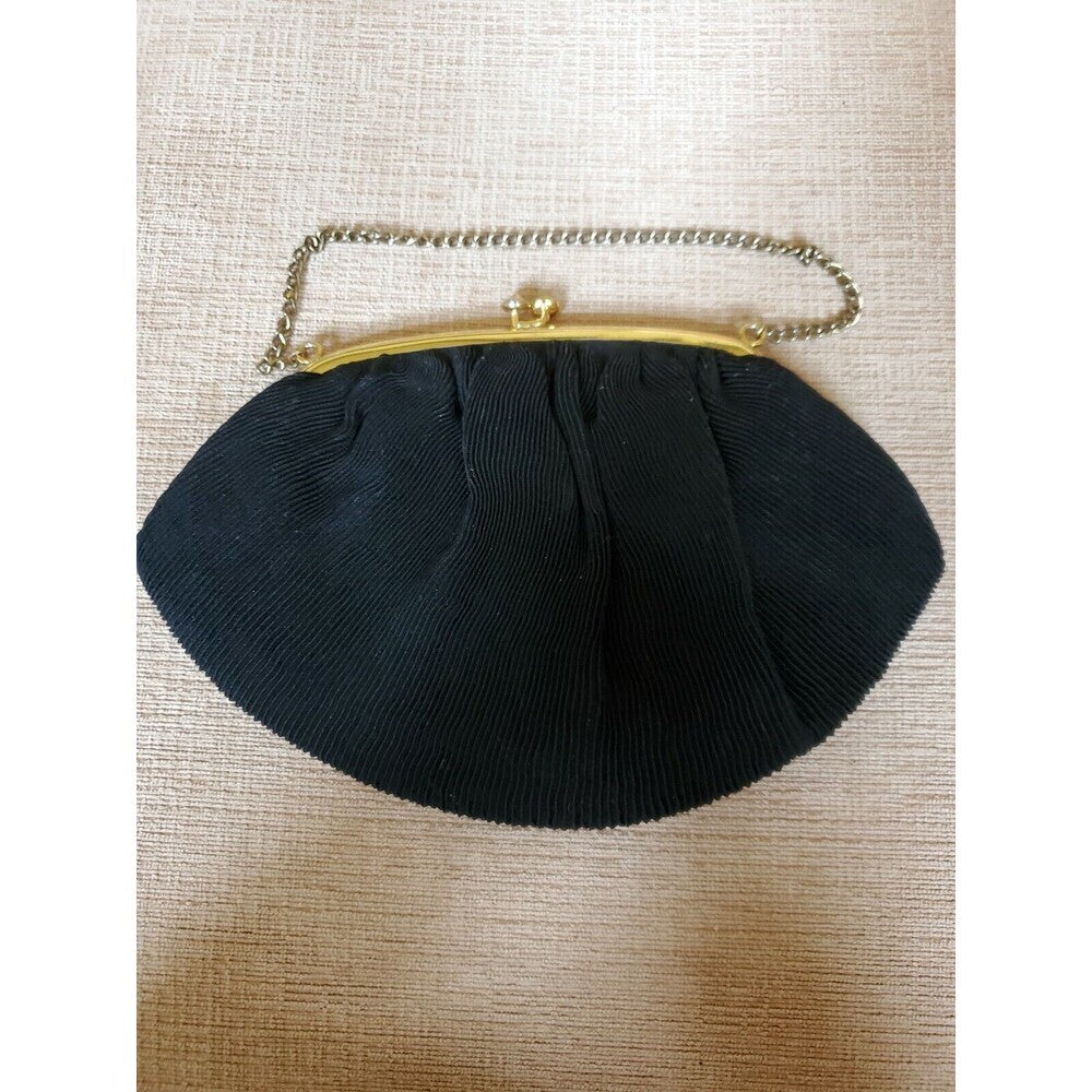 Vintage Black Fabric Evening Purse/Clutch with Gold Clasp/Chain - Unbranded