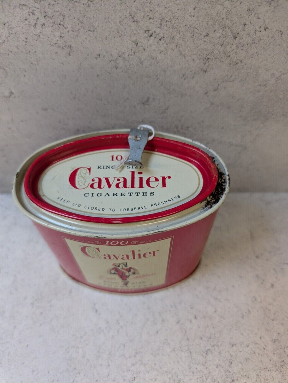 Vintage Cavalier Red Metal Tin 100 Count Round Storage Container Lid