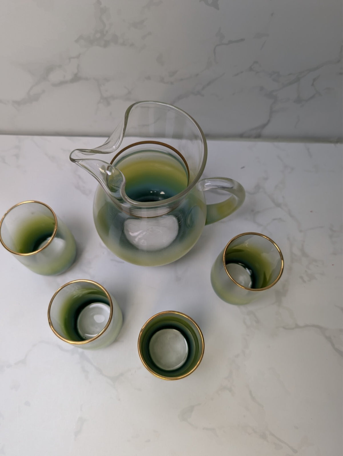 Vintage Blendo Green Yellow Ombre Pitcher & 4 Tumblers Gold Trim MCM Glass