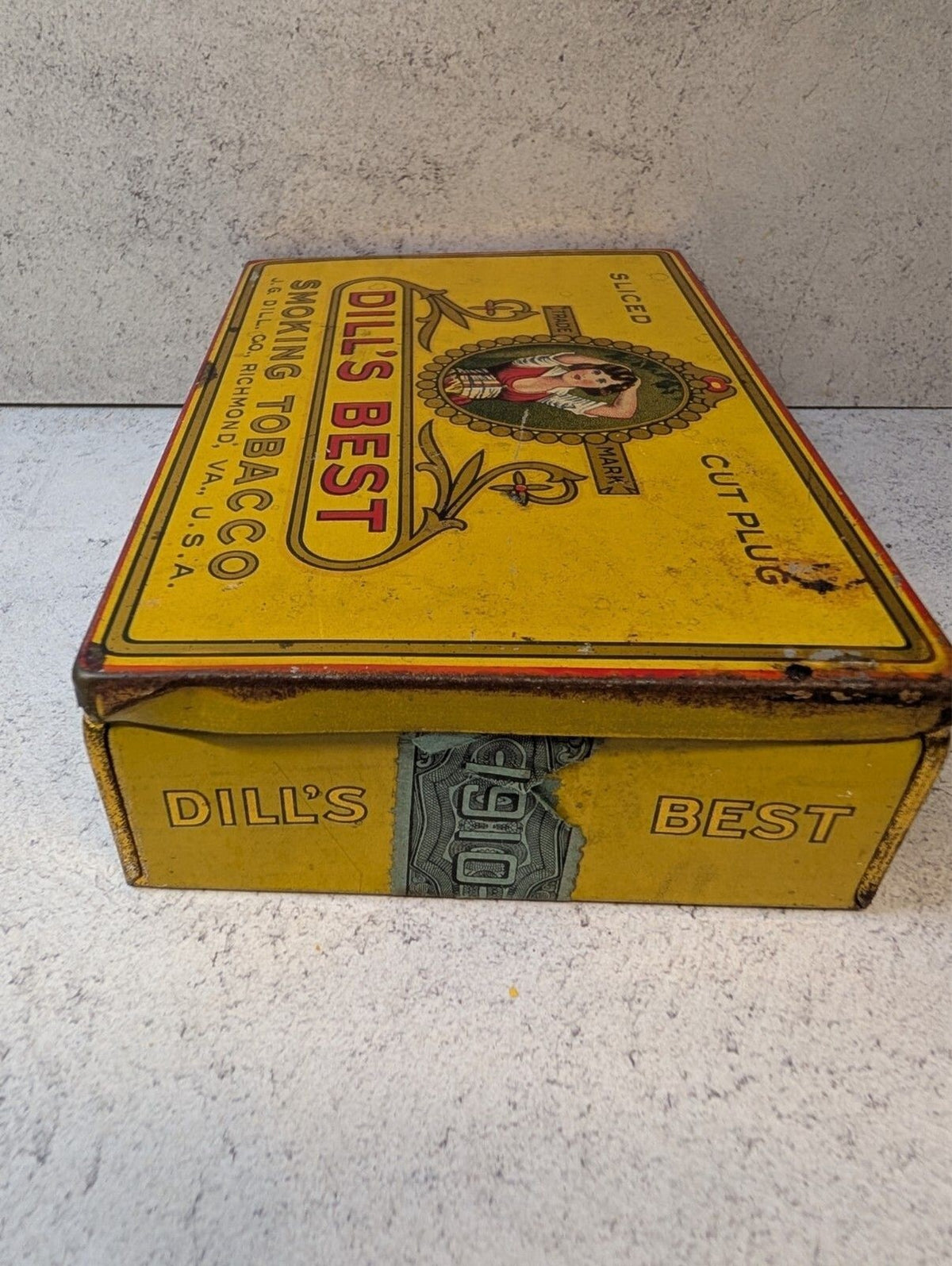 Antique Dill's Best Sliced Tobacco Tin Richmond VA Litho Figural
