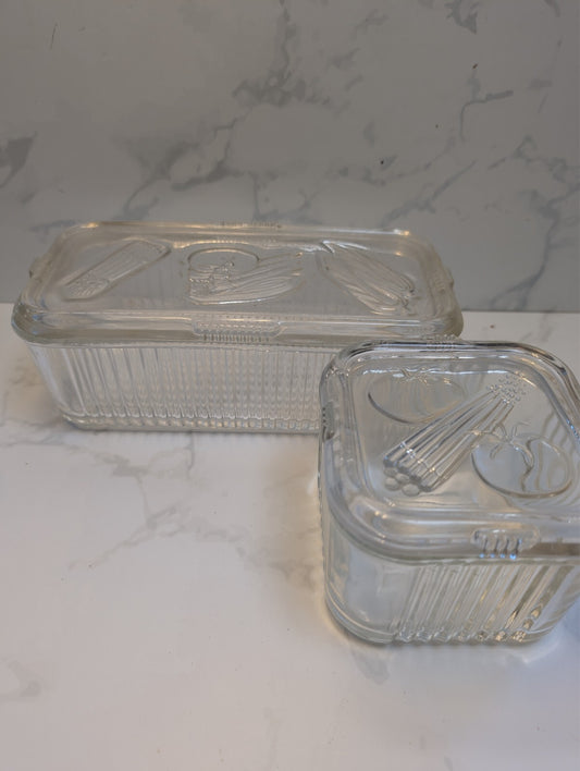 Vintage Federal Glass Clear Ribbed Refrigerator Dish Set Embossed Vegetables