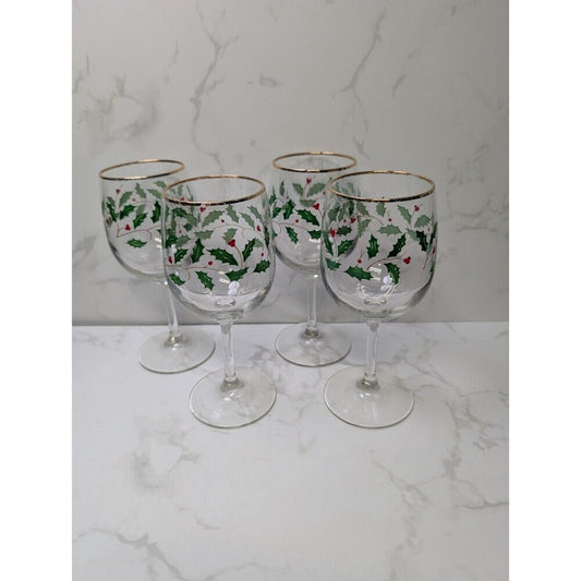 Lenox Holiday Dimension Holly Berry 10 Oz Goblets Set of 4 Thick Gold Band