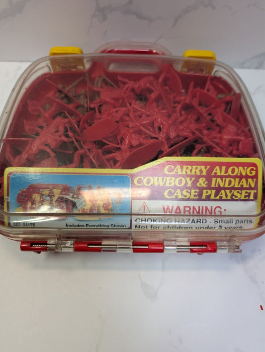 Vintage Carry Along Cowboy & Indian Case Playset 73 Plastic Figures Bridge 24175