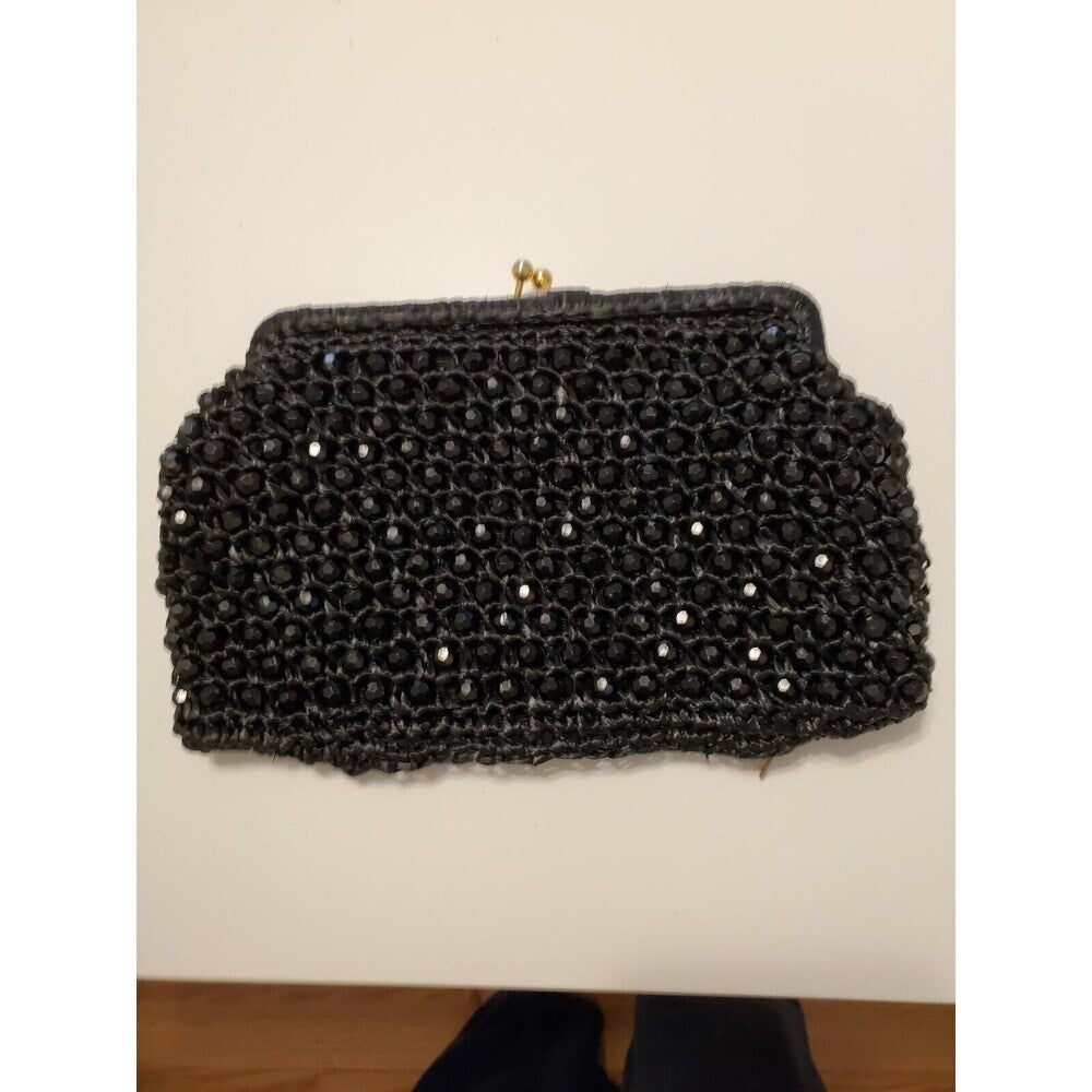 Vintage Black Rafia and Beaded Bag/Purse Gold Kiss Clasp Top and Zipper Bottom