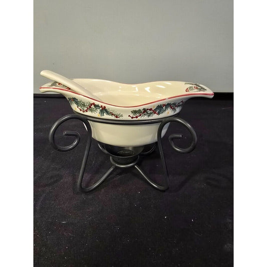 Pfaltzgraff Holiday Garland Divided Serving Bowl with Metal Stand & Ladle