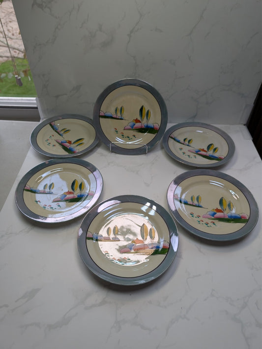 Art Deco TT Japan Lustreware Landscape 7.5" Salad Plates Set of 6 Hand Painted