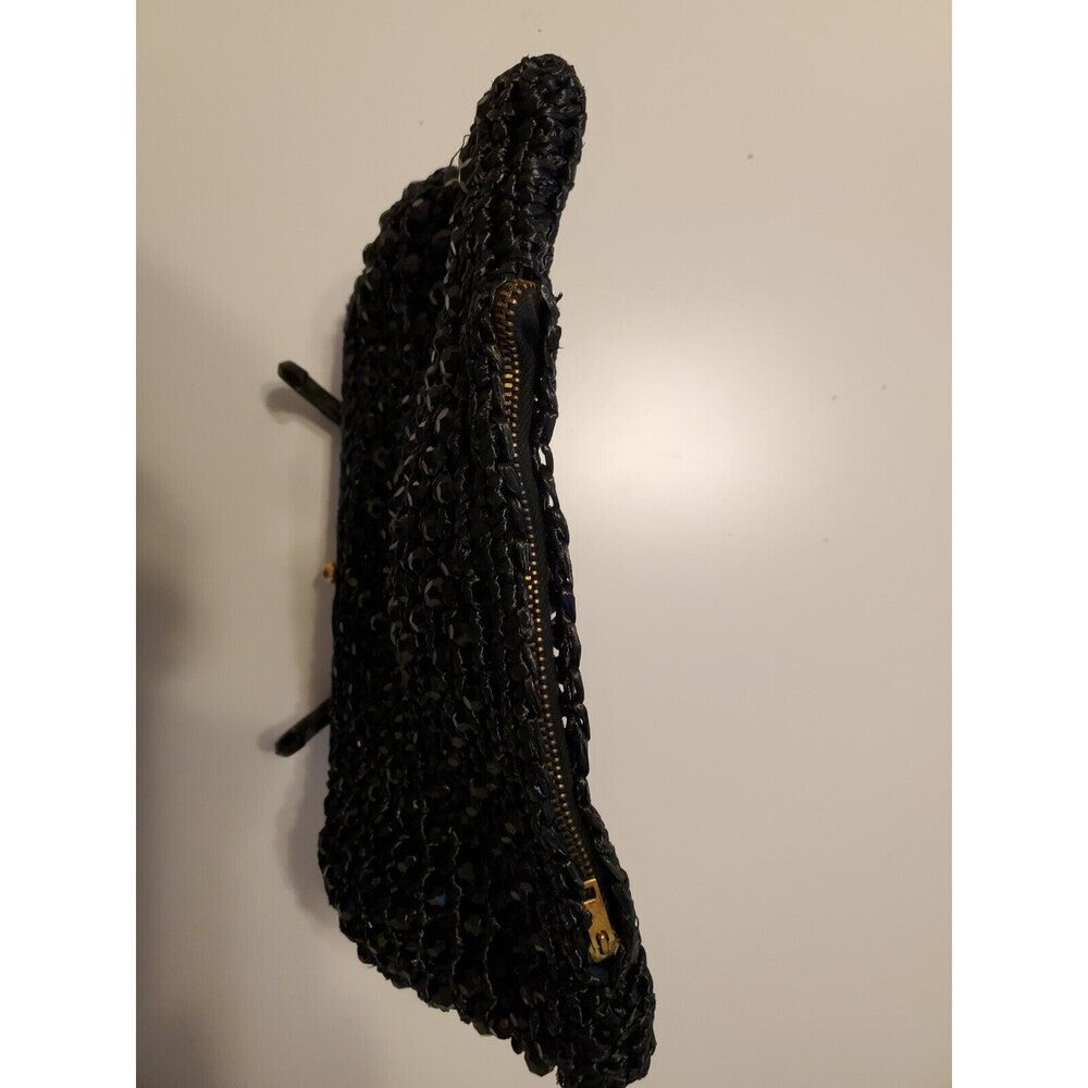Vintage Black Rafia and Beaded Bag/Purse Gold Kiss Clasp Top and Zipper Bottom