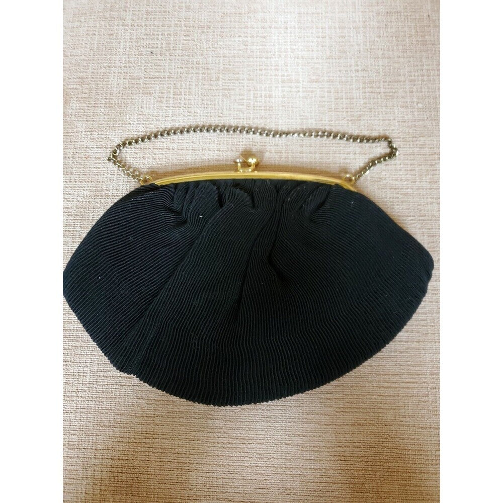 Vintage Black Fabric Evening Purse/Clutch with Gold Clasp/Chain - Unbranded