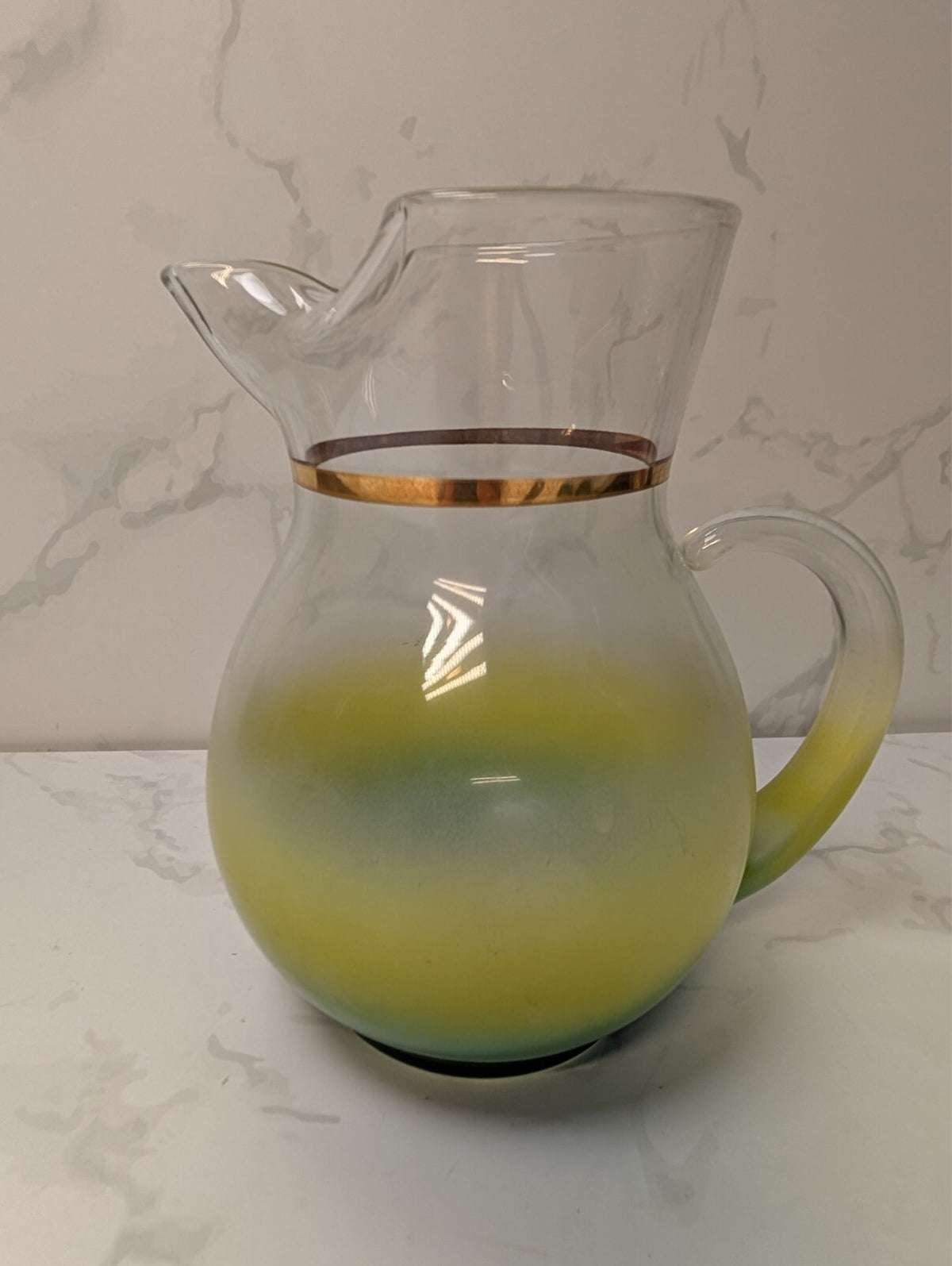 Vintage Blendo Green Yellow Ombre Pitcher & 4 Tumblers Gold Trim MCM Glass
