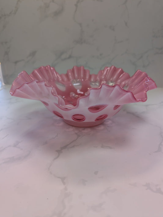 Fenton Cranberry Opalescent Coin Spot Dot Ruffled Bowl