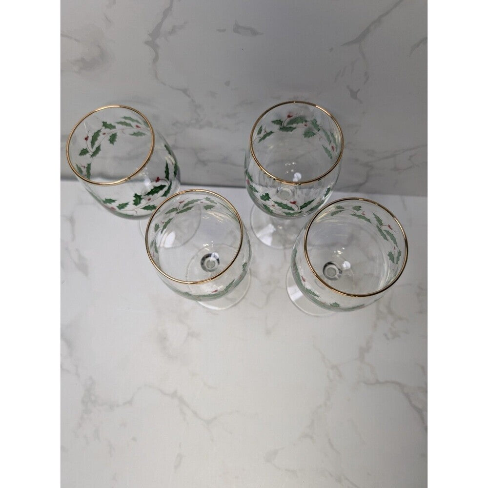 Lenox Holiday Dimension Holly Berry 10 Oz Goblets Set of 4 Thick Gold Band