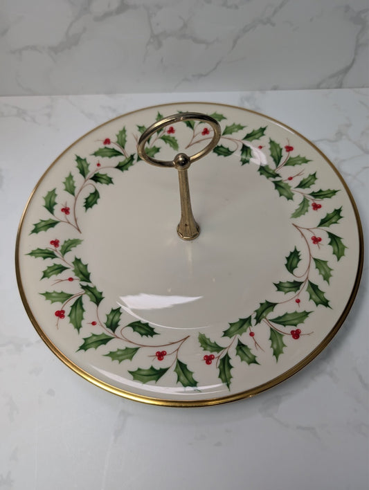 Lenox Holiday Dimension 10.5" Serving Plate Tidbit Tray Gold Handle USA